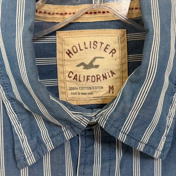 vtg Y2K Hollister Shirt Size M Button Down Striped Work Preppy Academia Logo - Picture 4 of 12